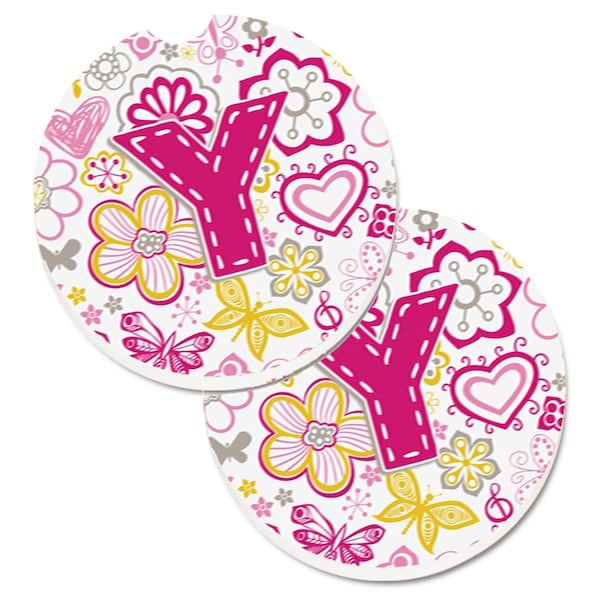 Carolines Treasures Letter Y Flowers and Butterflies Pink Set of 2 Cup Holder Car Coaster CJ2005-YCARC - main